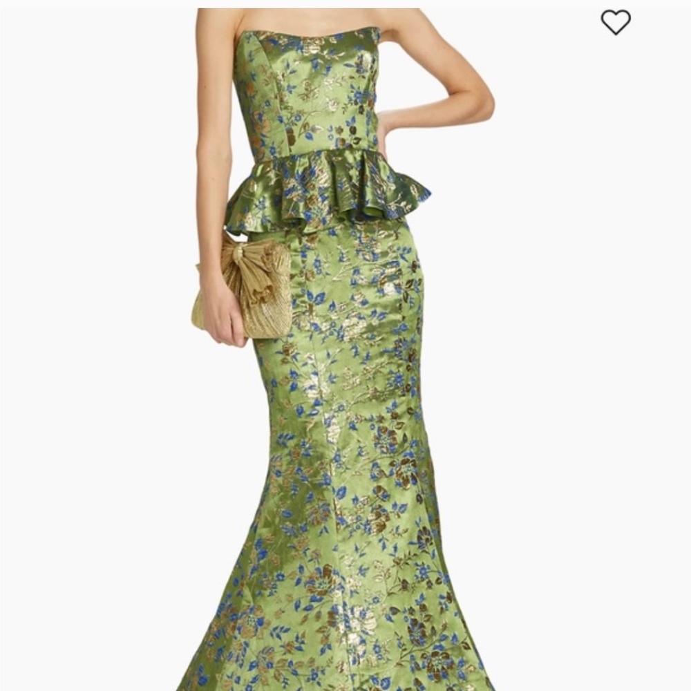 (NWT) Marchesa Notte Floral Jacquard Peplum Gown, Size 14, Green floral